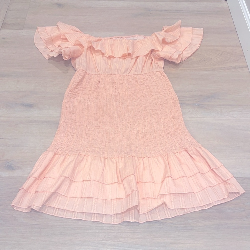 Hazel & Olive Boutique Online Pink Peach Mini Dress M Ruffles Off Shoulder — image 7 of 7